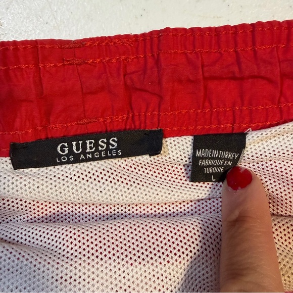 Guess Men's Red Athletic Swim Shorts with Patterned Stripes Large - Picture 3 of 6